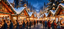 Snow-covered Christmas market cabins with golden lights