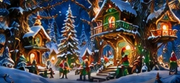 Warmly lit elf homes tucked into enchanted woodland trees