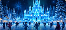 Families skating beneath a sparkling blue ice castle