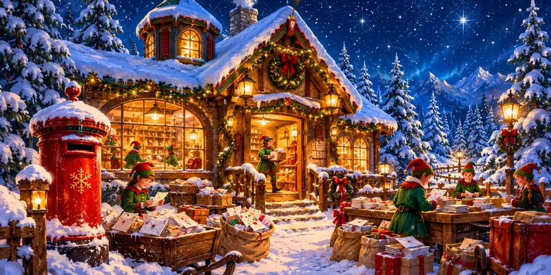 Elves sorting letters to Santa outside a snowy, glowing North Pole Post Office