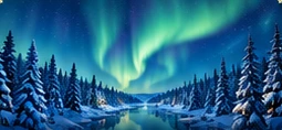 Green and blue Northern Lights above a snowy forest