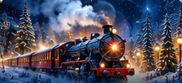 A glowing steam train travelling through a snowy forest
