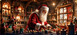 Santa preparing Christmas gifts in his workshop
